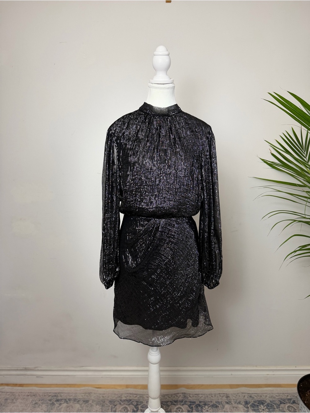 Maje Silk Metallic Open Back Mini Dress Black Long Sleeve Party Cocktail FR 42